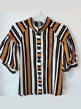 NWOT Gracia Balloon Short Sleeve Orange Black Striped Blouse Top size Small